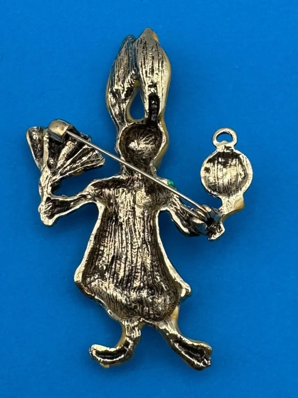 Rabbit Brooch Pin Green Coat Rhinestone Trim Enamel Clock Fan Gold Tone